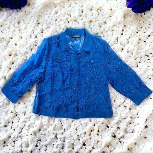 Linear Women's Blue Sheer Floral Long Sleeve Button Up Blouse Size XL